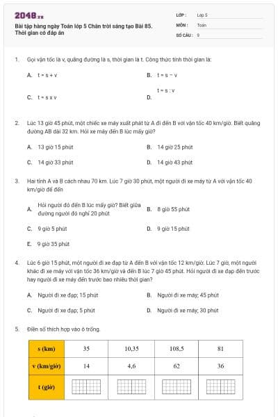 Bài tập hàng ngày Toán lớp 5 Chân trời sáng tạo Bài 85. Thời gian có đáp án