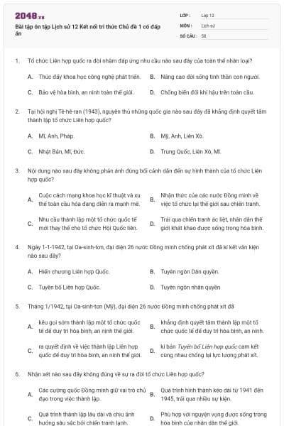 Bài tập ôn tập Lịch sử 12 Kết nối tri thức Chủ đề 1 có đáp án