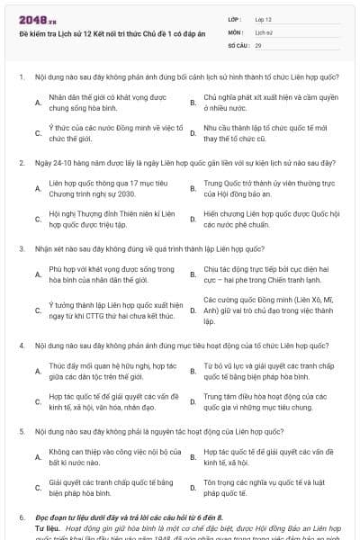 Đề kiểm tra Lịch sử 12 Kết nối tri thức Chủ đề 1 có đáp án