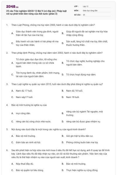 25 câu Trắc nghiệm GDCD 12 Bài 9 (có đáp án): Pháp luật với sự phát triển bền vững của đất nước (phần 3)