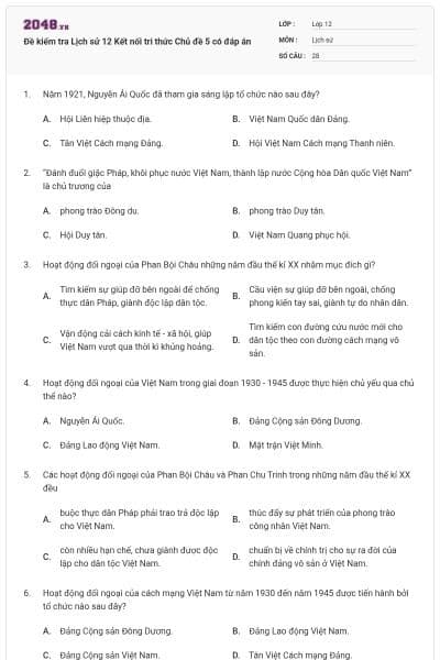 Đề kiểm tra Lịch sử 12 Kết nối tri thức Chủ đề 5 có đáp án