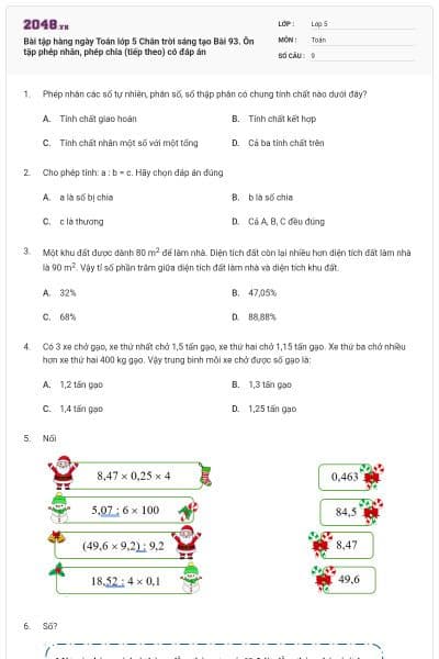 Bài tập hàng ngày Toán lớp 5 Chân trời sáng tạo Bài 93. Ôn tập phép nhân, phép chia (tiếp theo) có đáp án