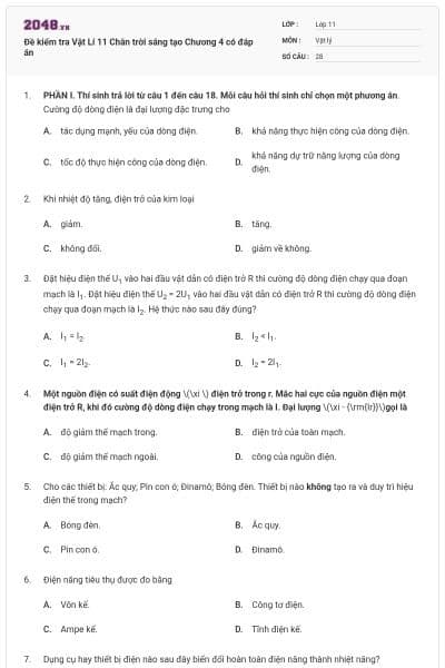 Đề kiểm tra Vật Lí 11 Chân trời sáng tạo Chương 4 có đáp án