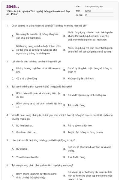 100+ câu trắc nghiệm Tích hợp hệ thống phần mềm có đáp án - Phần 1