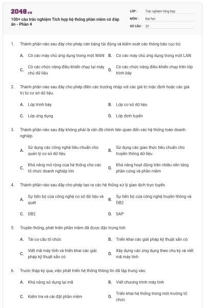 100+ câu trắc nghiệm Tích hợp hệ thống phần mềm có đáp án - Phần 4