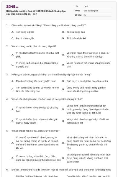 Bài tập trắc nghiệm Cuối kì 1 GDCD 8 Chân trời sáng tạo cấu trúc mới có đáp án - Đề 1