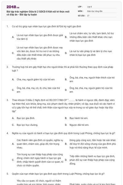 Bài tập trắc nghiệm Giữa kì 2 GDCD 8 Kết nối tri thức mới có đáp án - Bài tập tự luyện
