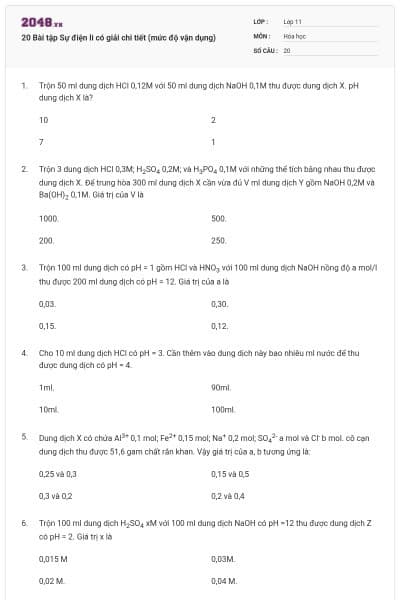 20 Bài tập Sự điện li có giải chi tiết (mức độ vận dụng)