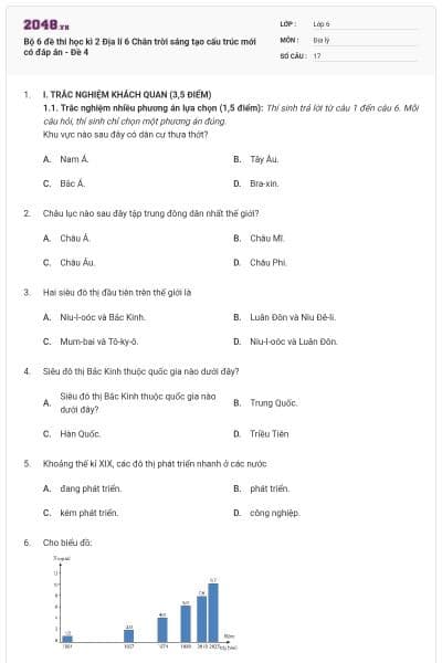 Bộ 6 đề thi học kì 2 Địa lí 6 Chân trời sáng tạo cấu trúc mới có đáp án - Đề 4