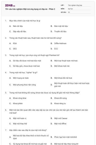 70+ câu trắc nghiệm Mật mã ứng dụng có đáp án - Phần 2