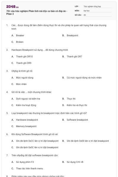 70+ câu trắc nghiệm Phân tích mã độc cơ bản có đáp án - Phần 3