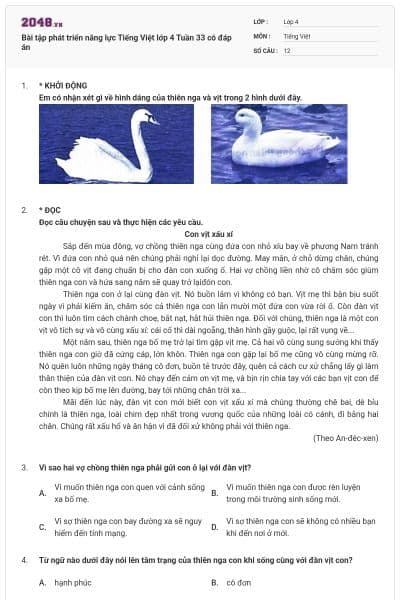 Bài tập phát triển năng lực Tiếng Việt lớp 4 Tuần 33 có đáp án