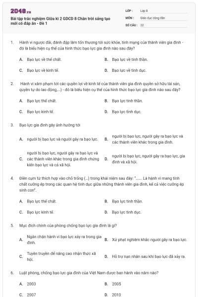 Bài tập trắc nghiệm Giữa kì 2 GDCD 8 Chân trời sáng tạo mới có đáp án - Đề 1