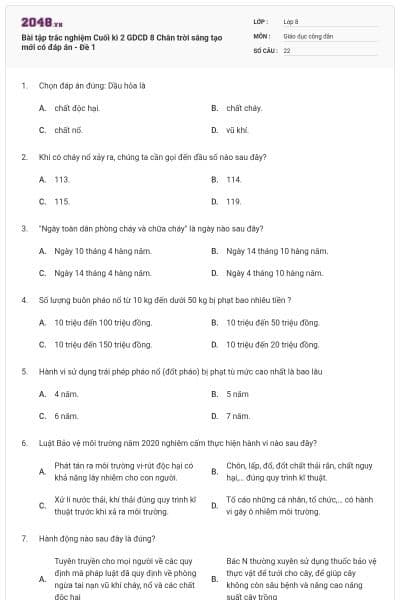 Bài tập trắc nghiệm Cuối kì 2 GDCD 8 Chân trời sáng tạo mới có đáp án - Đề 1