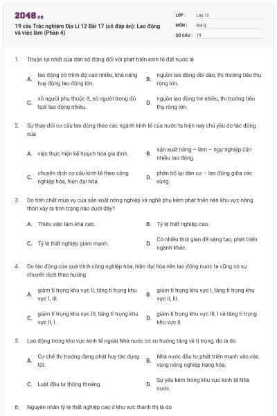 19 câu Trắc nghiệm Địa Lí 12 Bài 17 (có đáp án): Lao động và việc làm (Phần 4)
