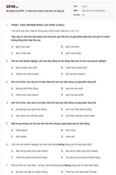 Đề kiểm tra KTPL 11 Kết nối tri thức Chủ đề 6 có đáp án