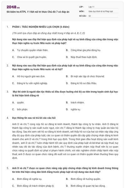 Đề kiểm tra KTPL 11 Kết nối tri thức Chủ đề 7 có đáp án