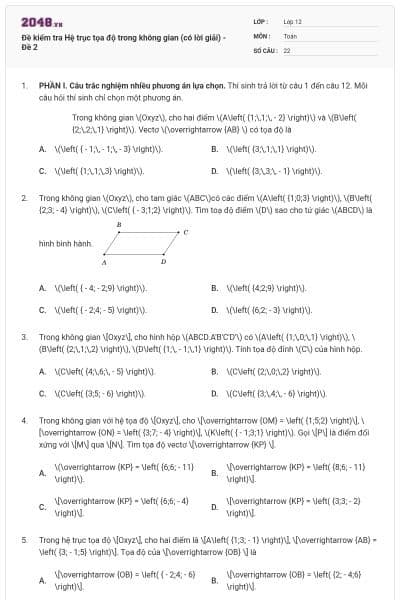 Đề kiểm tra Hệ trục tọa độ trong không gian (có lời giải) - Đề 2