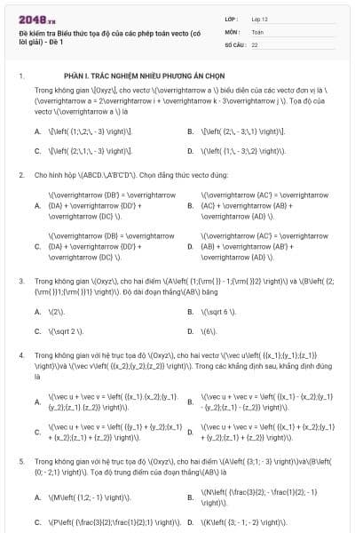 Đề kiểm tra Biểu thức tọa độ của các phép toán vecto (có lời giải) - Đề 1