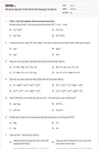 Bài tập ôn tập Hóa 12 Kết nối tri thức Chương 5 có đáp án