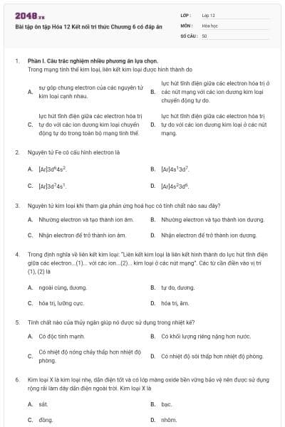 Bài tập ôn tập Hóa 12 Kết nối tri thức Chương 6 có đáp án