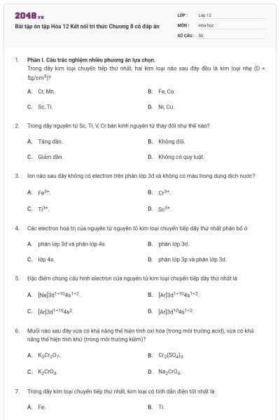 Bài tập ôn tập Hóa 12 Kết nối tri thức Chương 8 có đáp án