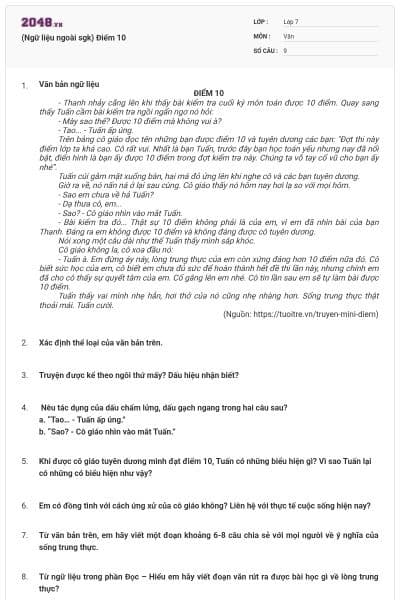 (Ngữ liệu ngoài sgk) Điểm 10