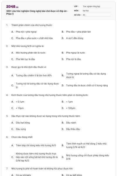 400+ câu trắc nghiệm Công nghệ bào chế dược có đáp án - Phần 5