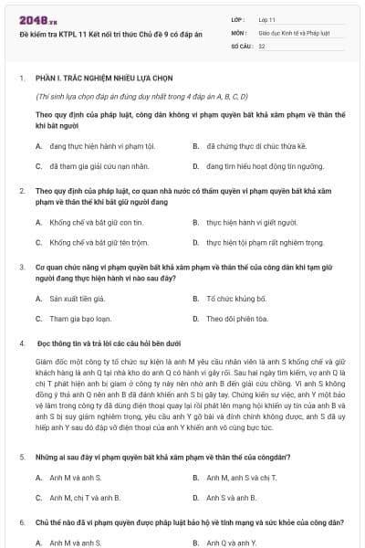 Đề kiểm tra KTPL 11 Kết nối tri thức Chủ đề 9 có đáp án