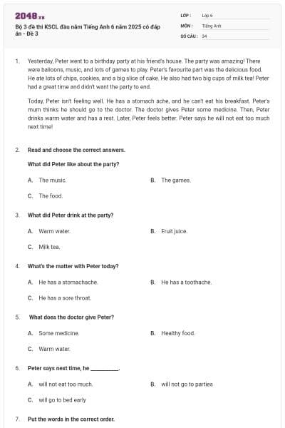 Bộ 3 đề thi KSCL đầu năm Tiếng Anh 6 năm 2025 có đáp án - Đề 3