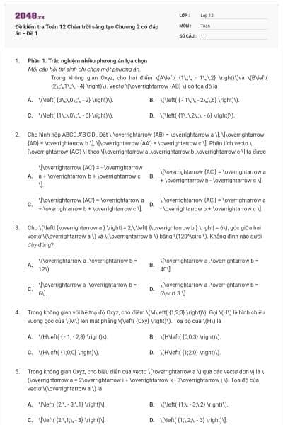 Đề kiểm tra Toán 12 Chân trời sáng tạo Chương 2 có đáp án - Đề 1