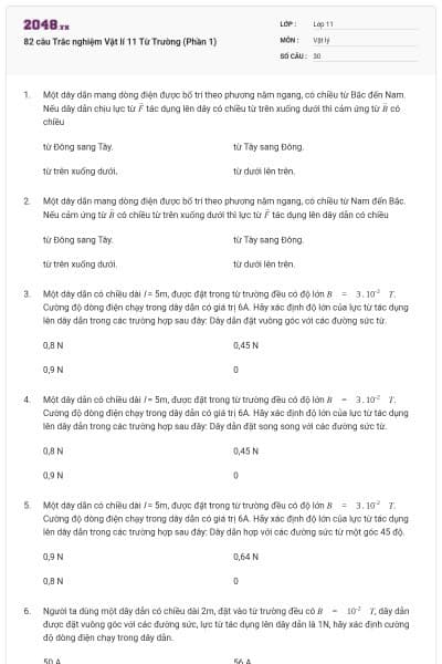 82 câu Trắc nghiệm Vật lí 11 Từ Trường (Phần 1)