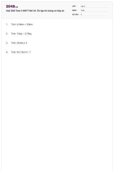 Giải SGK Toán 5 KNTT Bài 34. Ôn tập đo lường có đáp án