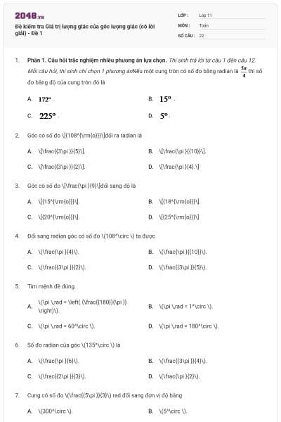 Đề kiểm tra Giá trị lượng giác của góc lượng giác (có lời giải) - Đề 1