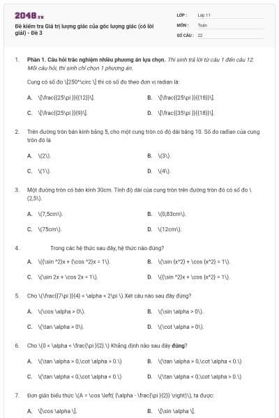 Đề kiểm tra Giá trị lượng giác của góc lượng giác (có lời giải) - Đề 3