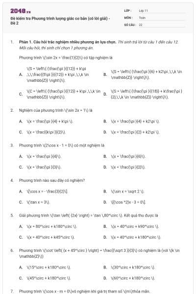 Đề kiểm tra Phương trình lượng giác cơ bản (có lời giải) - Đề 2