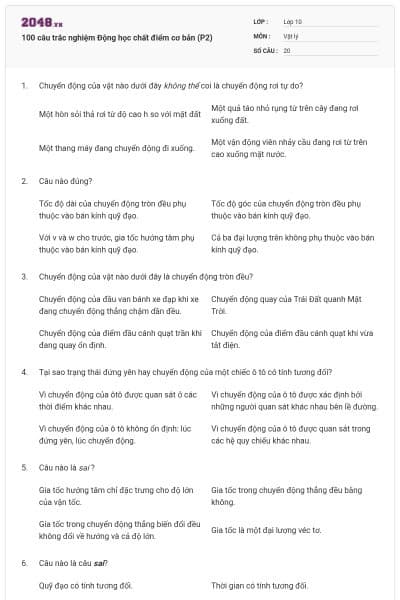 100 câu trắc nghiệm Động học chất điểm cơ bản (P2)