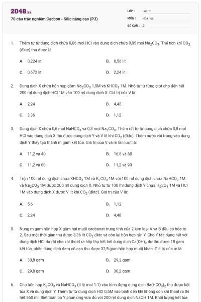 70 câu trắc nghiệm Cacbon - Silic nâng cao (P3)