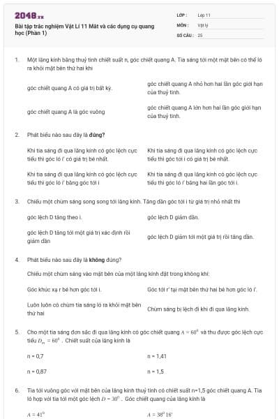 Bài tập trắc nghiệm Vật Lí 11 Mắt và các dụng cụ quang học (Phần 1)