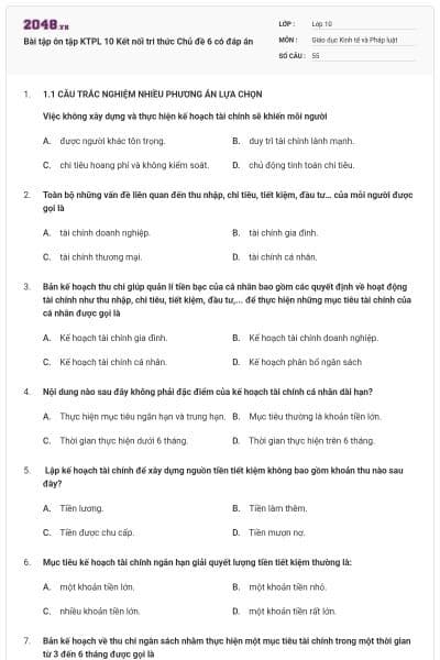 Bài tập ôn tập KTPL 10 Kết nối tri thức Chủ đề 6 có đáp án