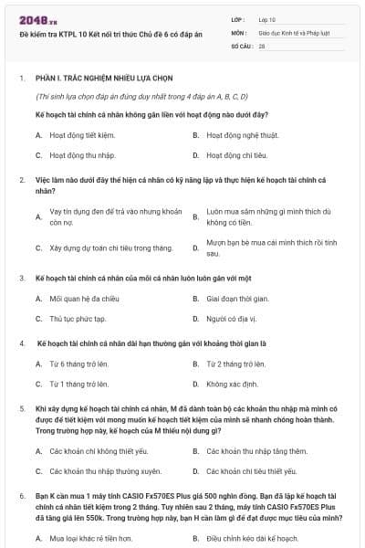 Đề kiểm tra KTPL 10 Kết nối tri thức Chủ đề 6 có đáp án