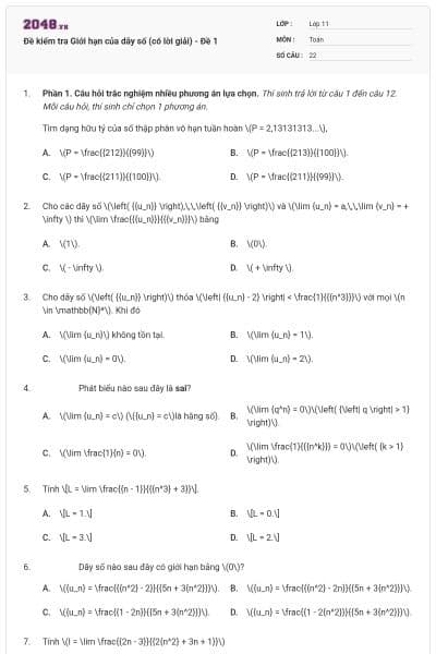 Đề kiểm tra Giới hạn của dãy số (có lời giải) - Đề 1