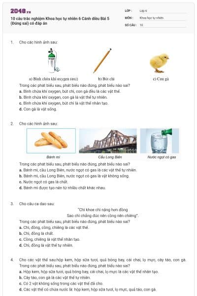 10 câu trắc nghiệm Khoa học tự nhiên 6 Cánh diều Bài 5 (Đúng sai) có đáp án