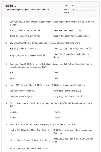 14 câu Trắc nghiệm Địa Lí 11 Liên minh châu âu