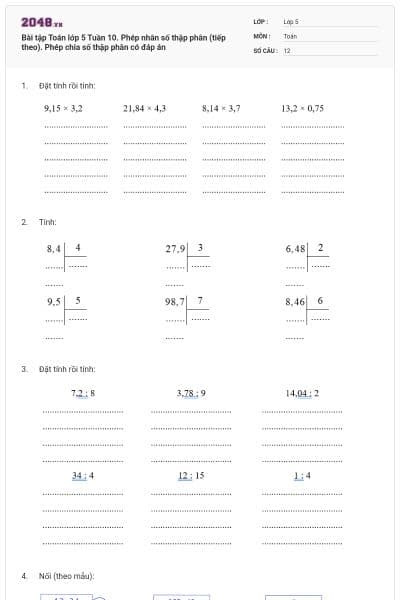 Bài tập Toán lớp 5 Tuần 10. Phép nhân số thập phân (tiếp theo). Phép chia số thập phân có đáp án