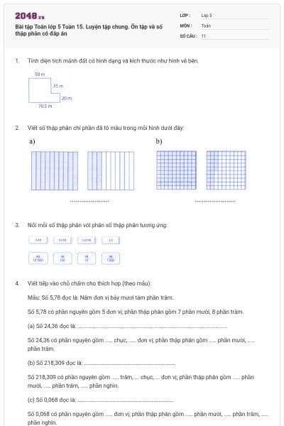 Bài tập Toán lớp 5 Tuần 15. Luyện tập chung. Ôn tập về số thập phân có đáp án