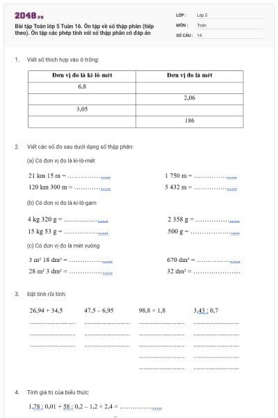 Bài tập Toán lớp 5 Tuần 16. Ôn tập về số thập phân (tiếp theo). Ôn tập các phép tính với số thập phân có đáp án