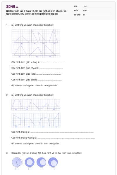 Bài tập Toán lớp 5 Tuần 17. Ôn tập một số hình phẳng. Ôn tập diện tích, chu vi một số hình phẳng có đáp án