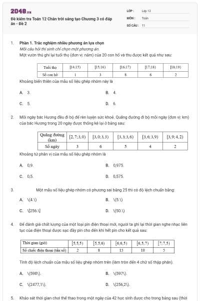 Đề kiểm tra Toán 12 Chân trời sáng tạo Chương 3 có đáp án - Đề 2