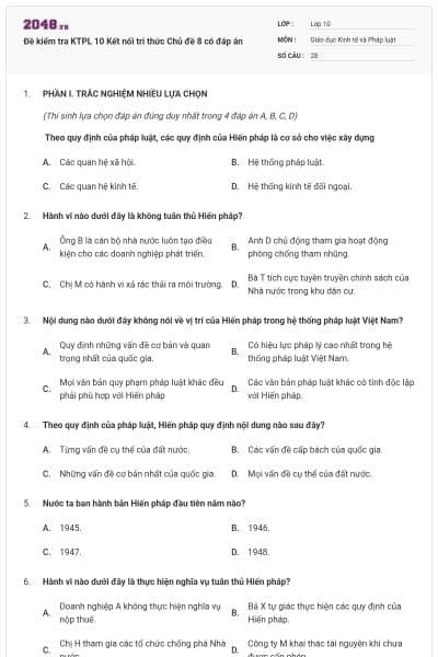 Đề kiểm tra KTPL 10 Kết nối tri thức Chủ đề 8 có đáp án